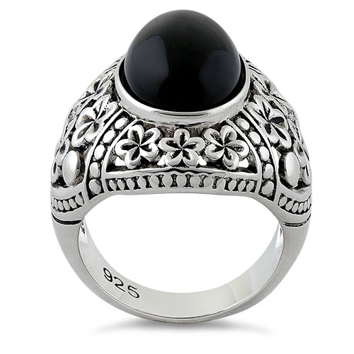 Sterling Silver Bold Plumeria Black Agate Ring