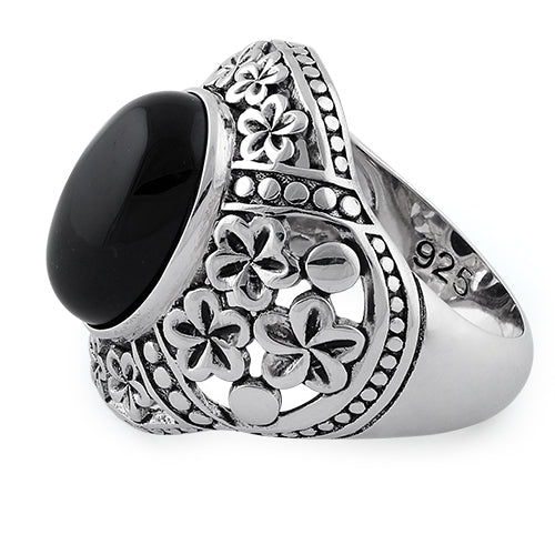 Sterling Silver Bold Plumeria Black Agate Ring