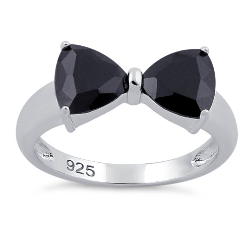 Sterling Silver Bow Heart Cut Black CZ Ring