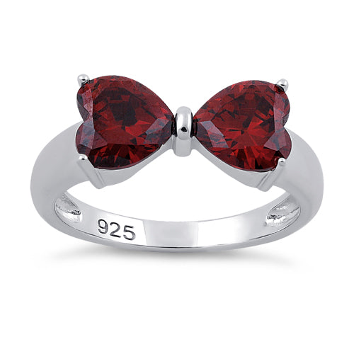 Sterling Silver Bow Heart Cut Garnet CZ Ring