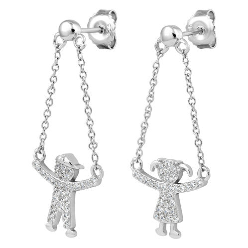 Sterling Silver Boy and Girl Hanging Chains CZ Earrings