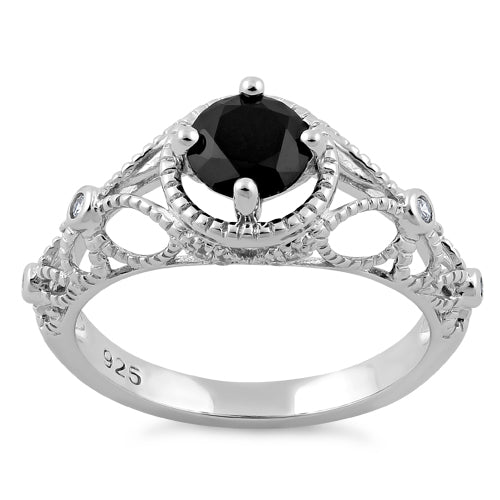 Sterling Silver Butterfly Design Black CZ Ring