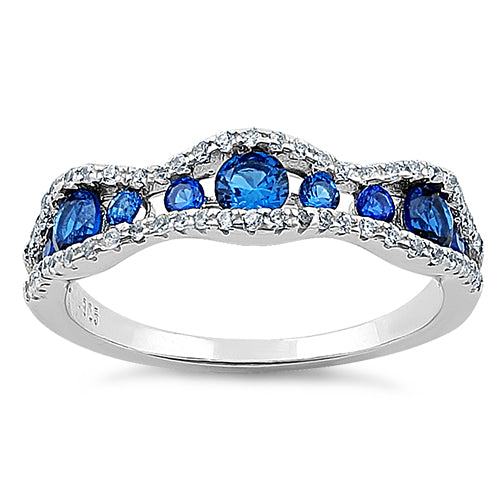 Sterling Silver Cascading Wave Round Cut Clear & Blue Spinel CZ Ring