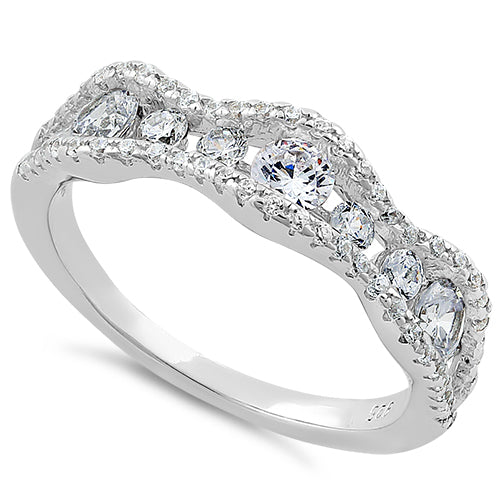 Sterling Silver Cascading Wave Round Cut Clear CZ Ring
