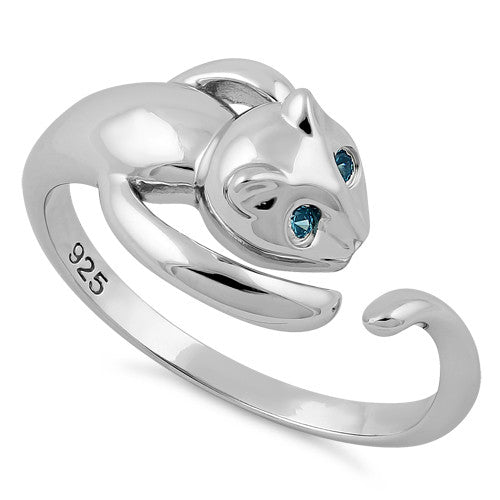 Sterling Silver Cat Aqua Blue CZ Ring