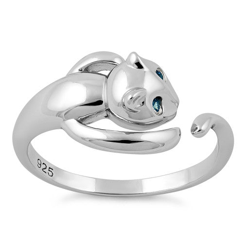 Sterling Silver Cat Aqua Blue CZ Ring