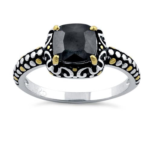 Sterling Silver Celtic Black Cushion CZ Ring