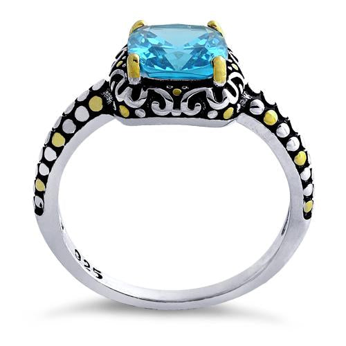 Sterling Silver Celtic Blue Topaz Cushion CZ Ring