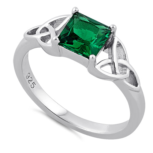 Sterling Silver Celtic Emerald Princess Cut CZ Ring