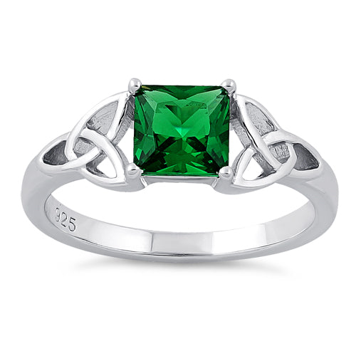 Sterling Silver Celtic Emerald Princess Cut CZ Ring
