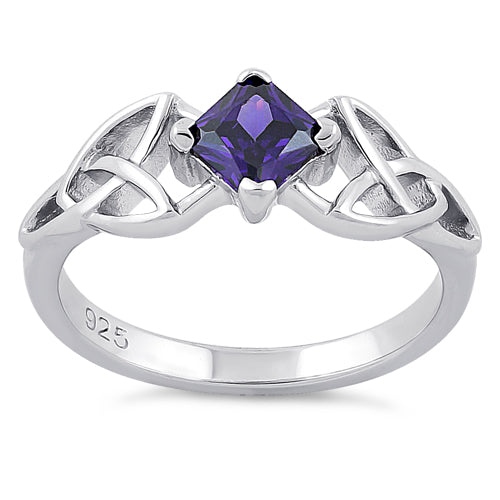 Sterling Silver Celtic Princess Cut Amethyst CZ Ring