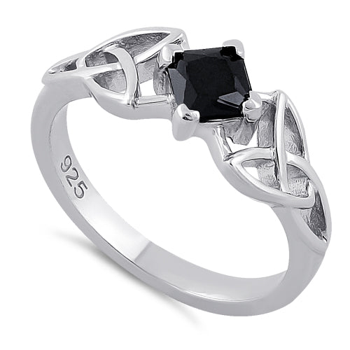 Sterling Silver Celtic Princess Cut Black CZ Ring