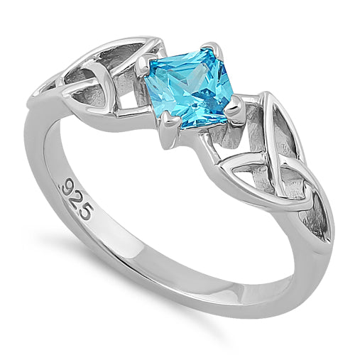Sterling Silver Celtic Princess Cut Blue Topaz CZ Ring