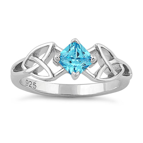 Sterling Silver Celtic Princess Cut Blue Topaz CZ Ring