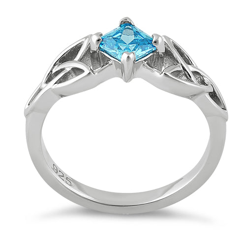 Sterling Silver Celtic Princess Cut Aqua Blue CZ Ring