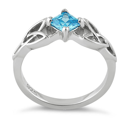 Sterling Silver Celtic Princess Cut Blue Topaz CZ Ring