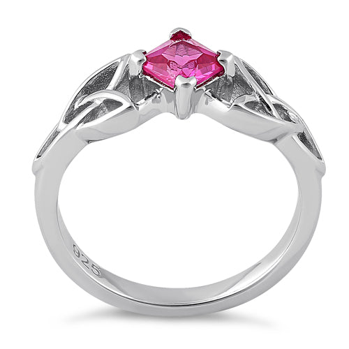 Sterling Silver Celtic Princess Cut Ruby CZ Ring