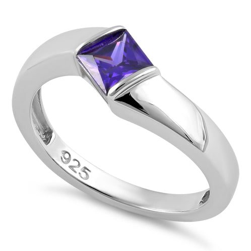 Sterling Silver Channel Bar Square Amethyst CZ Ring