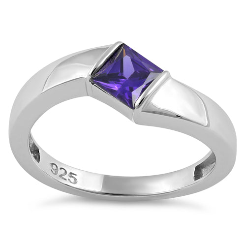 Sterling Silver Channel Bar Square Amethyst CZ Ring