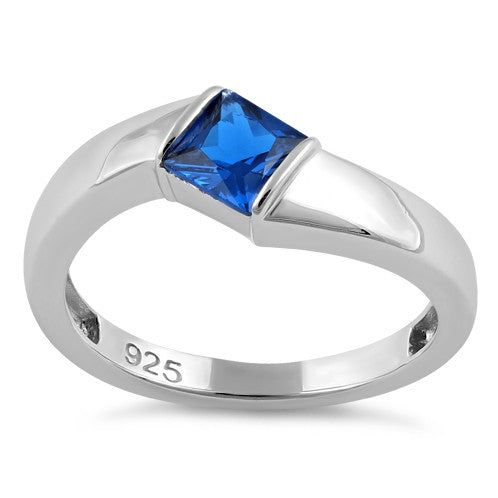 Sterling Silver Channel Bar Square Blue Spinel CZ Ring