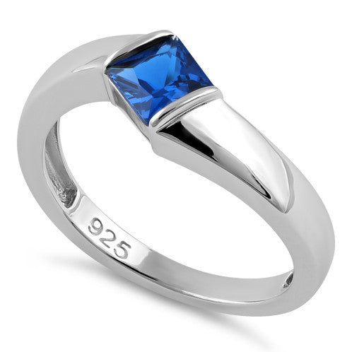 Sterling Silver Channel Bar Square Blue Spinel CZ Ring