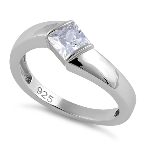 Sterling Silver Channel Bar Square Clear CZ Ring