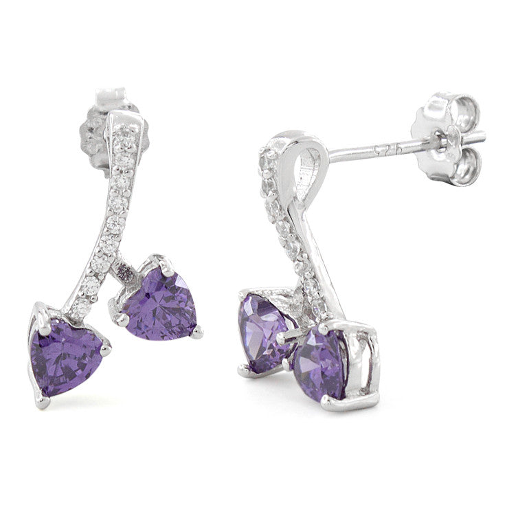 Sterling Silver Cherry Hearts Amethyst CZ Earrings