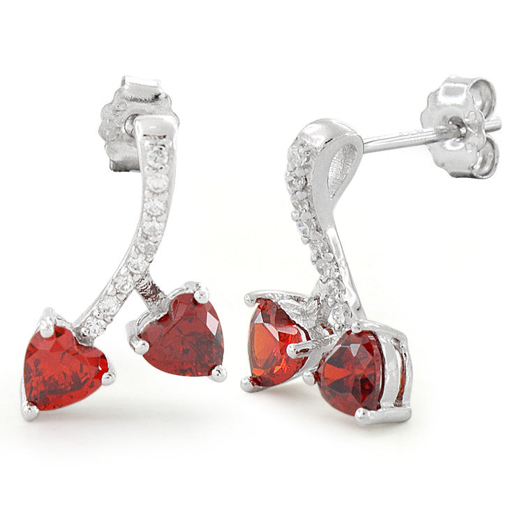 Sterling Silver Cherry Hearts Garnet CZ Earrings