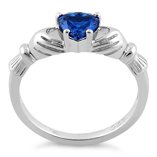 Sterling Silver Claddagh Blue Sapphire CZ Ring