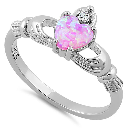 Sterling Silver Claddagh Pink Lab Opal CZ Ring