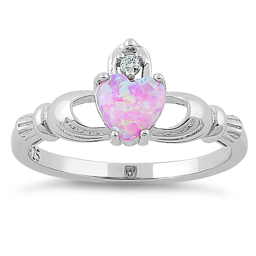 Sterling Silver Claddagh Pink Lab Opal CZ Ring