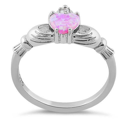 Sterling Silver Claddagh Pink Lab Opal CZ Ring