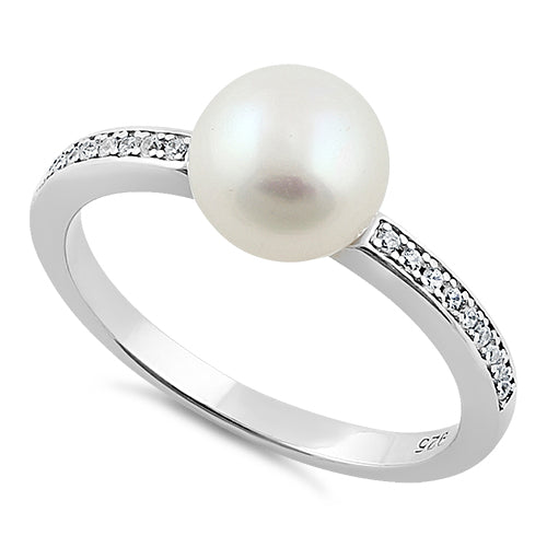 Sterling Silver Classic Synthetic Pearl Round Clear CZ Ring