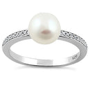 Sterling Silver Classic Synthetic Pearl Round Clear CZ Ring