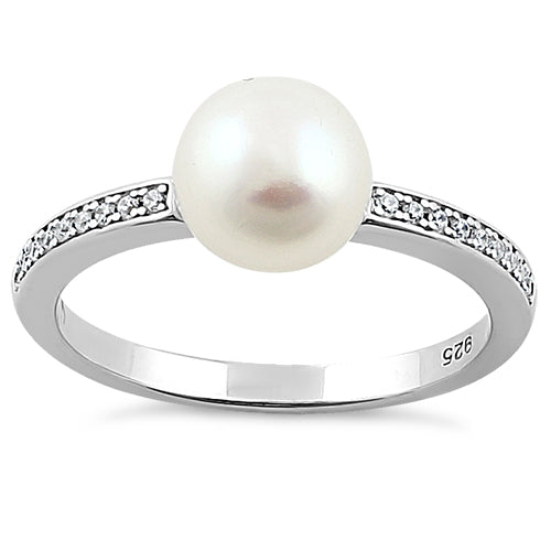Sterling Silver Classic Synthetic Pearl Round Clear CZ Ring