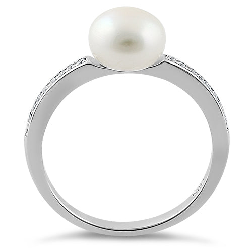 Sterling Silver Classic Synthetic Pearl Round Clear CZ Ring