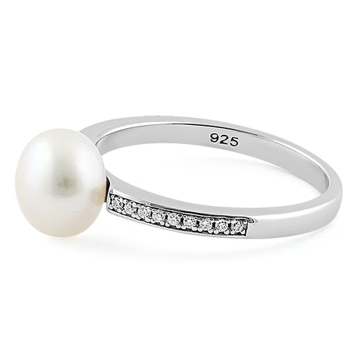 Sterling Silver Classic Synthetic Pearl Round Clear CZ Ring