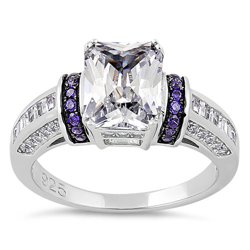 Sterling Silver Clear Emerald Cut Amethyst CZ Ring