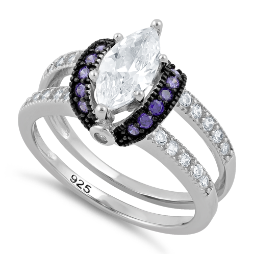 Sterling Silver Clear Marquise Amethyst CZ Black Plating Ring