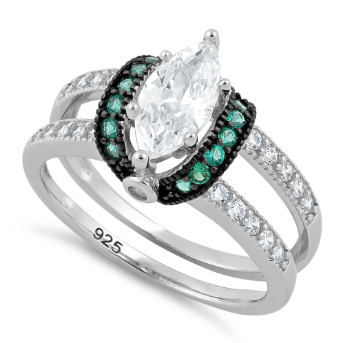 Sterling Silver Clear Marquise Emerald CZ Black Plating Ring