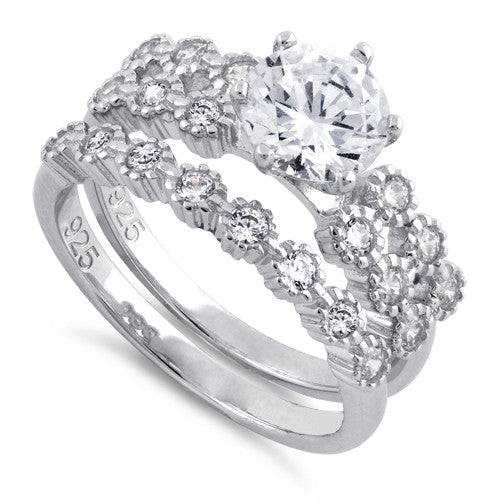 Sterling Silver Clear Round Cut Engagement CZ Set Ring