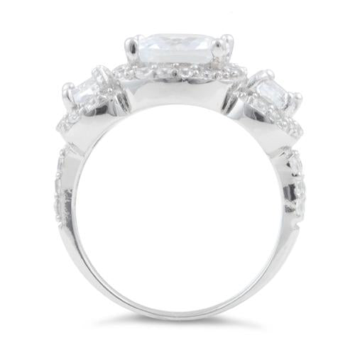Sterling Silver Clear Three Stone Halo Engagement CZ Ring