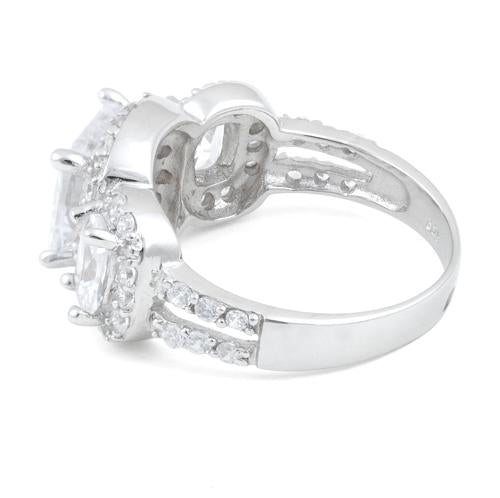 Sterling Silver Clear Three Stone Halo Engagement CZ Ring