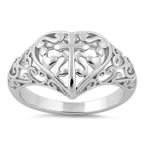 Sterling Silver Cross and Multiple Hearts Ring