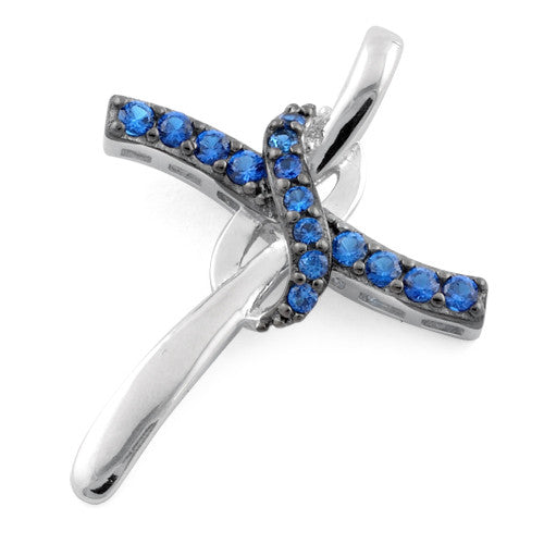 Sterling Silver Cross Blue CZ Pendant