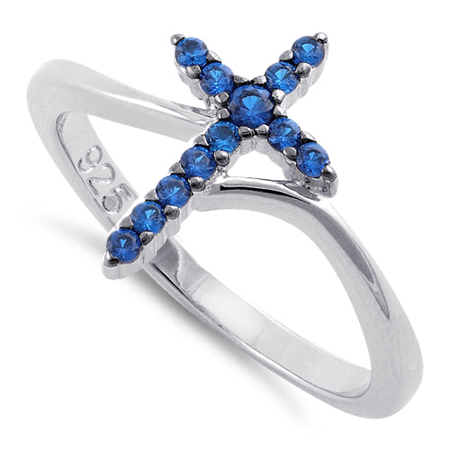 Sterling Silver Cross Blue CZ Ring