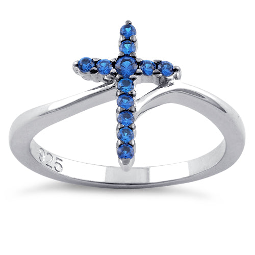 Sterling Silver Cross Blue CZ Ring