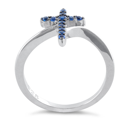 Sterling Silver Cross Blue CZ Ring