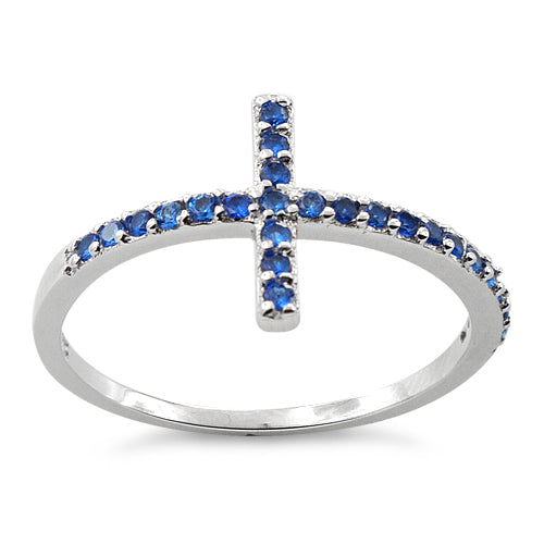 Sterling Silver Cross Blue Sapphire CZ Ring