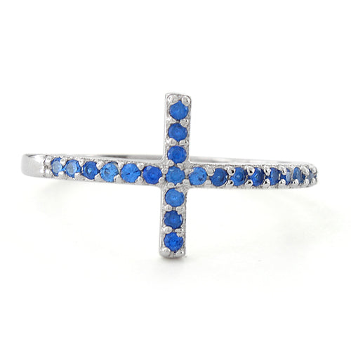 Sterling Silver Cross Blue Sapphire CZ Ring